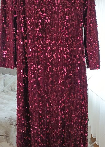 Bordo Uzun Kollu Parlak Kadın Abiye Elbise - Görsel 3