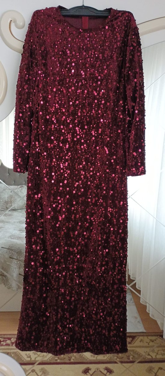 Bordo Uzun Kollu Parlak Kadın Abiye Elbise - Görsel 2