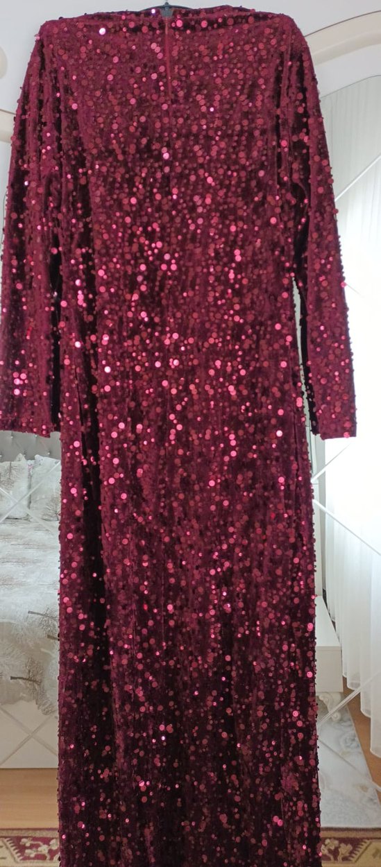 Bordo Uzun Kollu Parlak Kadın Abiye Elbise - Görsel 5