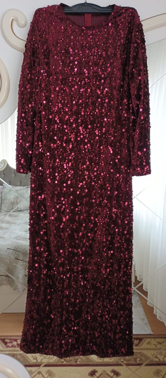 Bordo Uzun Kollu Parlak Kadın Abiye Elbise - Görsel 4