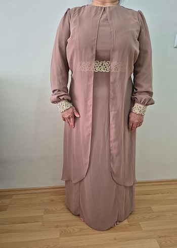 vizon renkli güpür ve tül detaylı tesettür abiye elbise