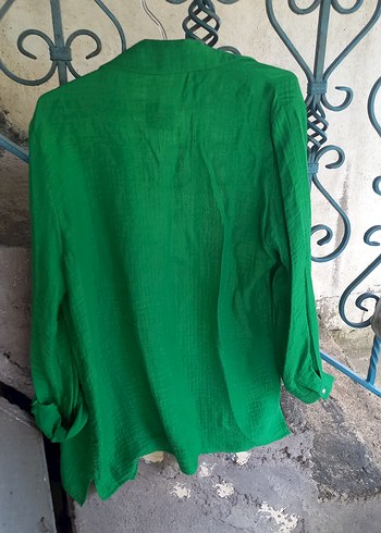 Düğmeli Yeşil Keten Uzun Kollu Gömlek - Görsel 2