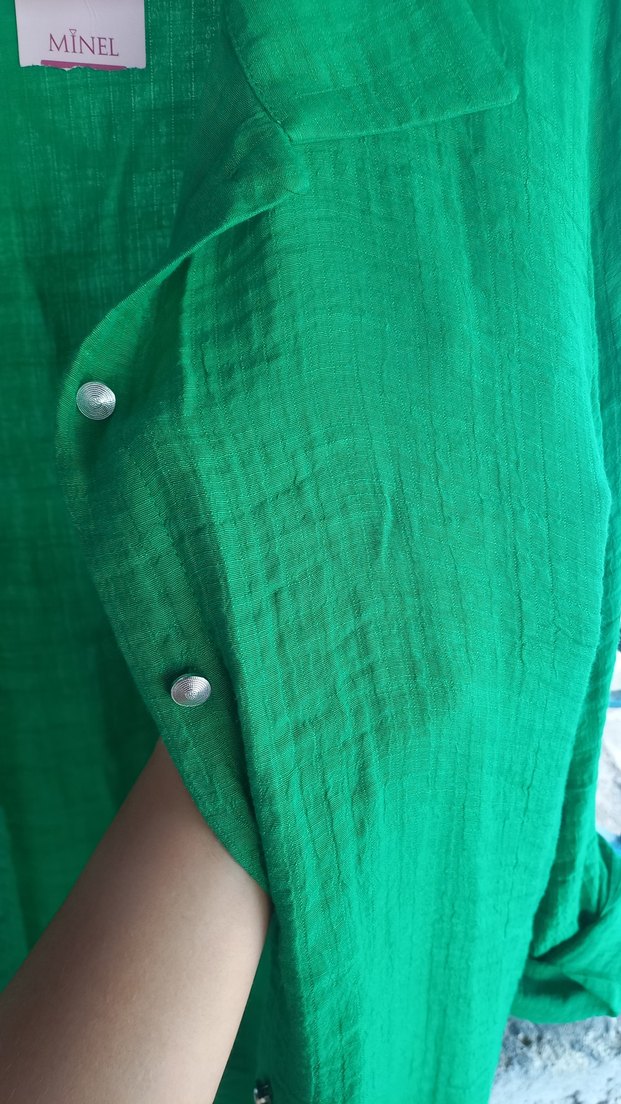 Düğmeli Yeşil Keten Uzun Kollu Gömlek - Görsel 3
