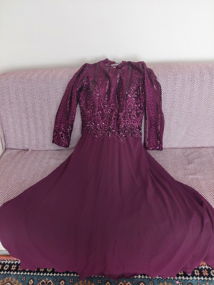 Mor Pul Detaylı Kadın Şapkalı   pelerin  abiye - Görsel 4