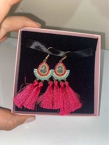 Taşlı sallantılı çok renkli küpe - Görsel 2