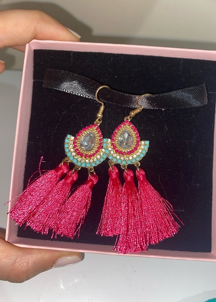 Taşlı sallantılı çok renkli küpe - Görsel 3