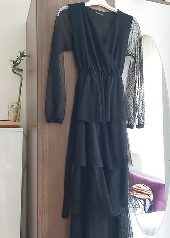 Uzun Siyah Gotik Drape Detaylı Elbise