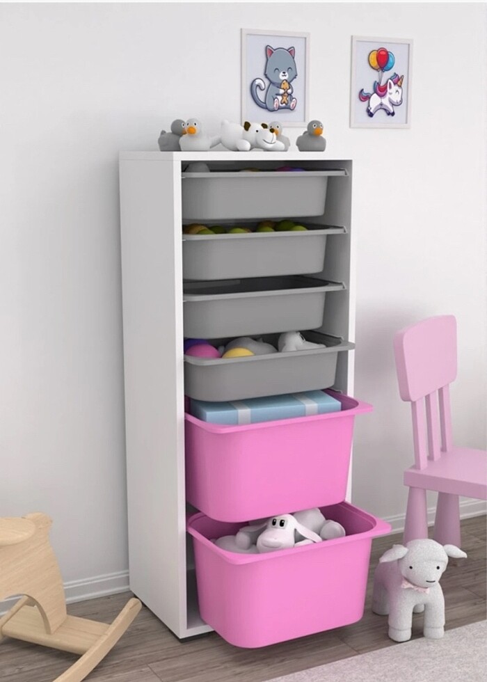 Pratico Açık Pembe Gri Sepetli Oyuncak Dolabı - Görsel 3