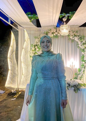 Uzun Turkuaz Drapeli Straplez Kadın Kına Elbisesi - Görsel 6