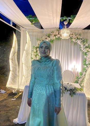 Uzun Turkuaz Drapeli Straplez Kadın Kına Elbisesi - Görsel 8