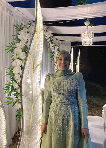 Uzun Turkuaz Drapeli Straplez Kadın Kına Elbisesi - Görsel 3