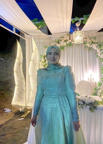 Uzun Turkuaz Drapeli Straplez Kadın Kına Elbisesi - Görsel 2