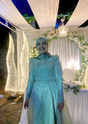 Uzun Turkuaz Drapeli Straplez Kadın Kına Elbisesi - Görsel 10