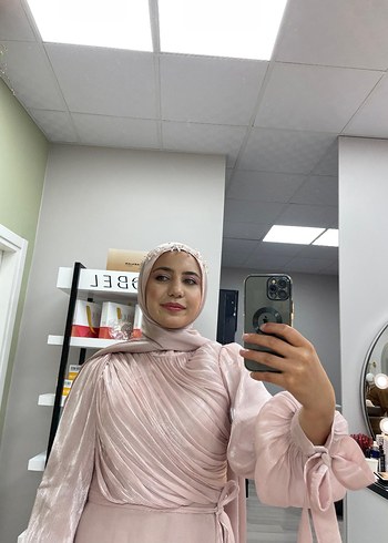 Pembe Uzun Kollu Bağcıklı Uzun Kadın abiye - Görsel 4