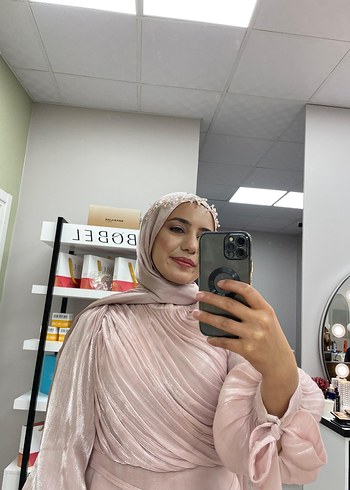 Pembe Uzun Kollu Bağcıklı Uzun Kadın abiye - Görsel 2