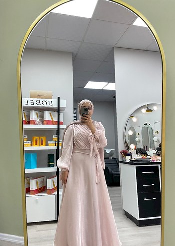 Pembe Uzun Kollu Bağcıklı Uzun Kadın abiye - Görsel 7