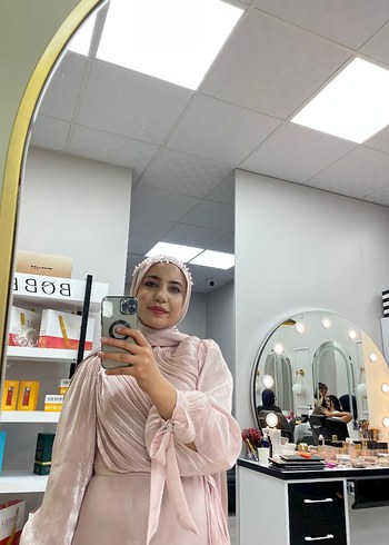 Pembe Uzun Kollu Bağcıklı Uzun Kadın abiye - Görsel 3