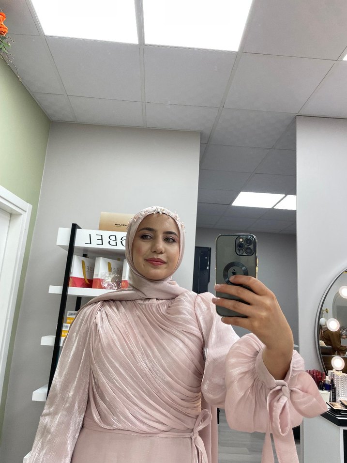 Pembe Uzun Kollu Bağcıklı Uzun Kadın abiye - Görsel 4