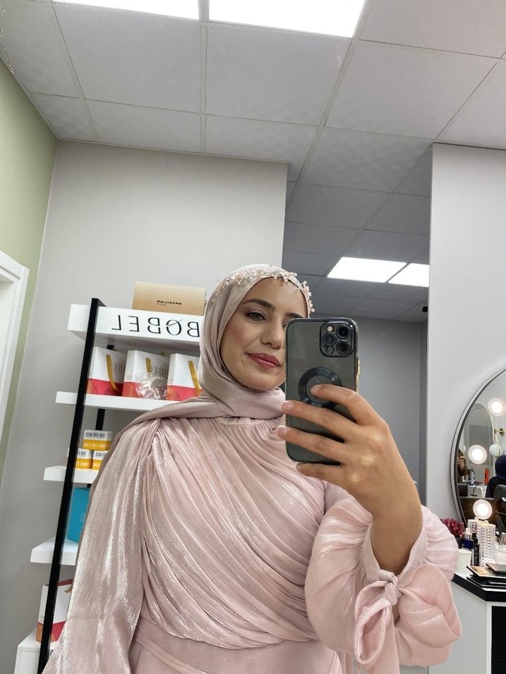 Pembe Uzun Kollu Bağcıklı Uzun Kadın abiye - Görsel 2