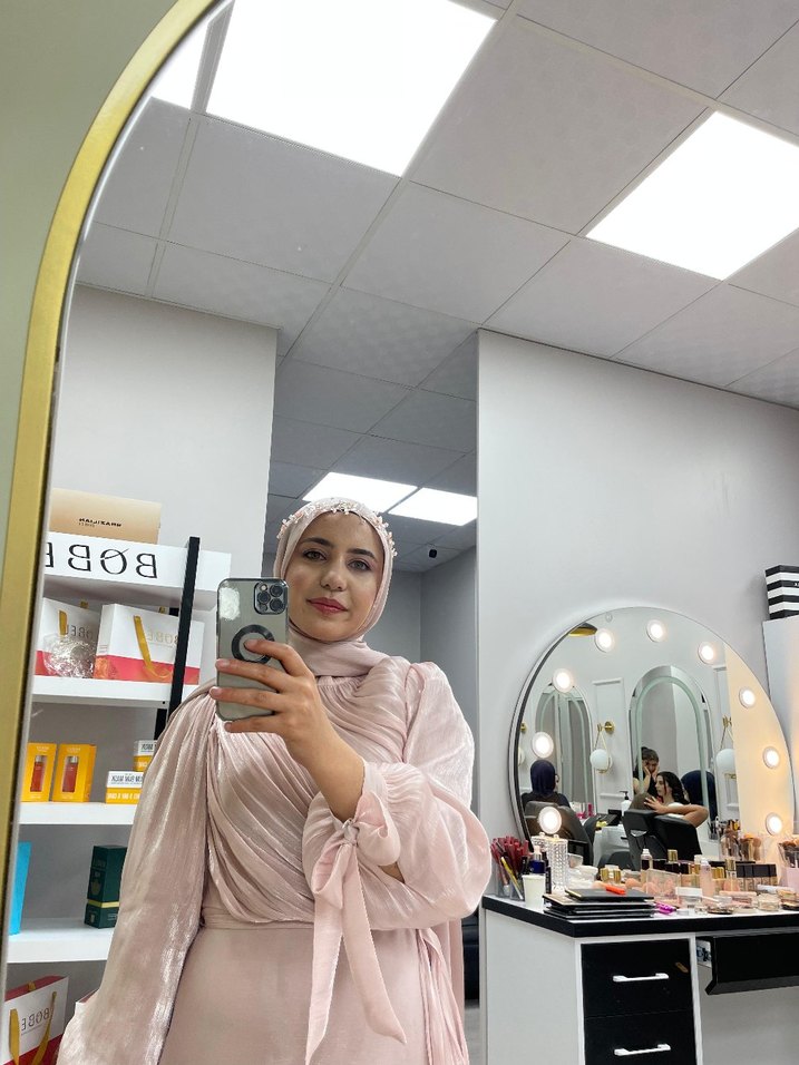 Pembe Uzun Kollu Bağcıklı Uzun Kadın abiye - Görsel 3