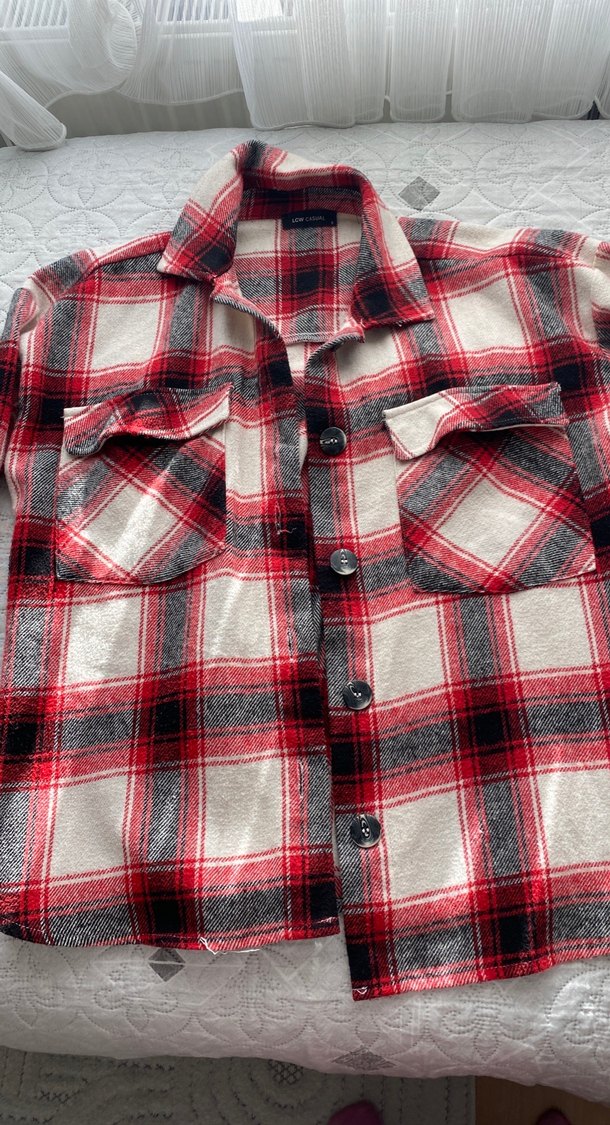 Kadın Kırmızı Gri Kareli Pamuklu Gömlek - Görsel 2