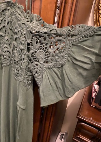 Dantelli Koyu Yeşil Elbise - Görsel 2