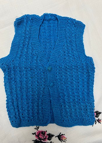 Kızlar için Mavi Örgü Bohem Yelek - Görsel 4