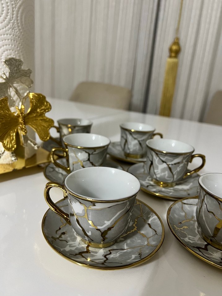 Gri ve Altın Detaylı Porselen Kahve Fincan Takımı - Görsel 2