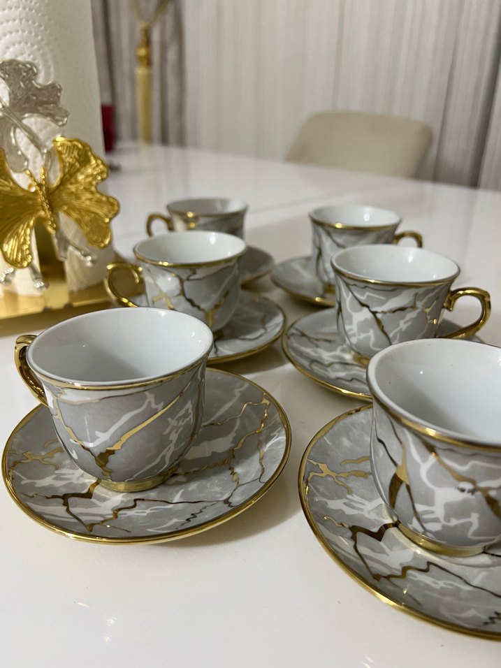 Gri ve Altın Detaylı Porselen Kahve Fincan Takımı - Görsel 3