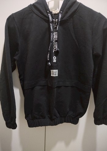 Siyah Kapüşonlu Fermuarlı Sweatshirt - Görsel 2