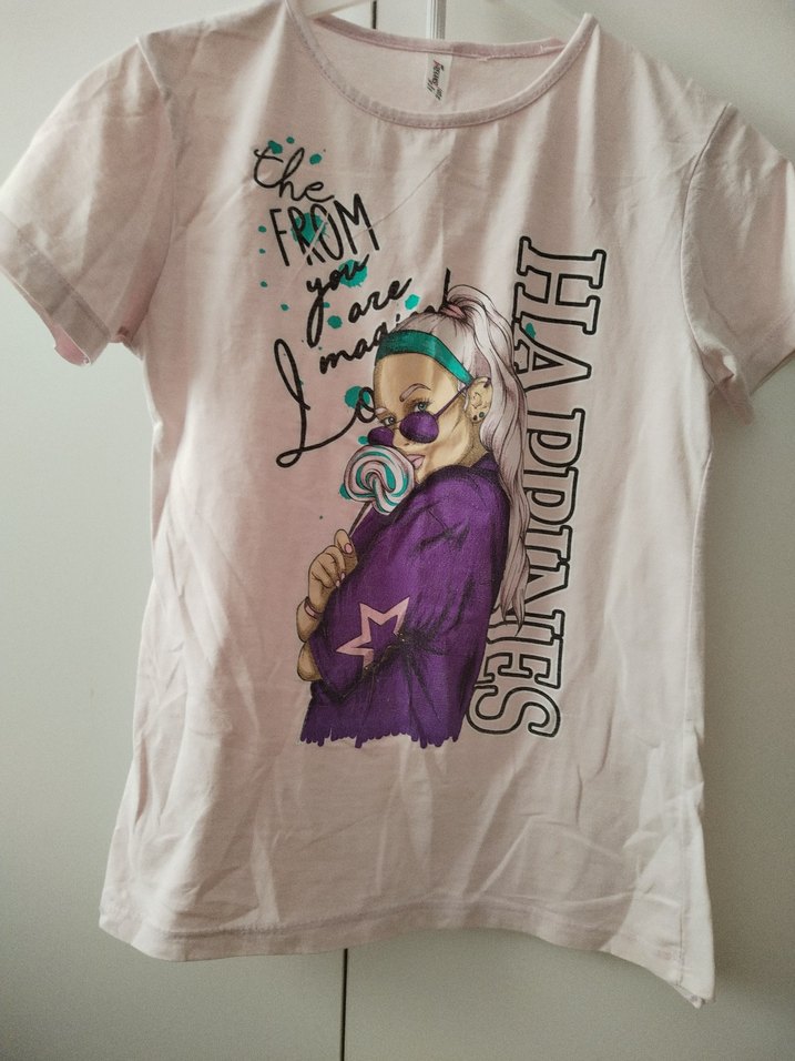 Kız Çocuk Pembe Baskılı Kısa Kollu Tişört - Görsel 5