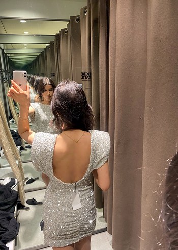 xs Beden Gri payet Desenli Drapeli mini Elbise