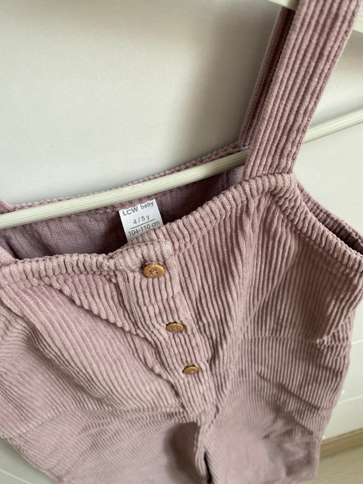 Kız Çocuk Düğmeli Keten Pembe Askılı Tulum - Görsel 2