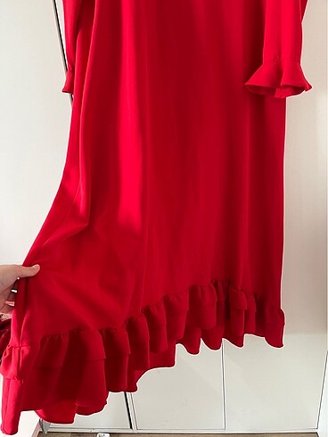 Kırmızı A Kesim Volanlı Elbise - Görsel 4