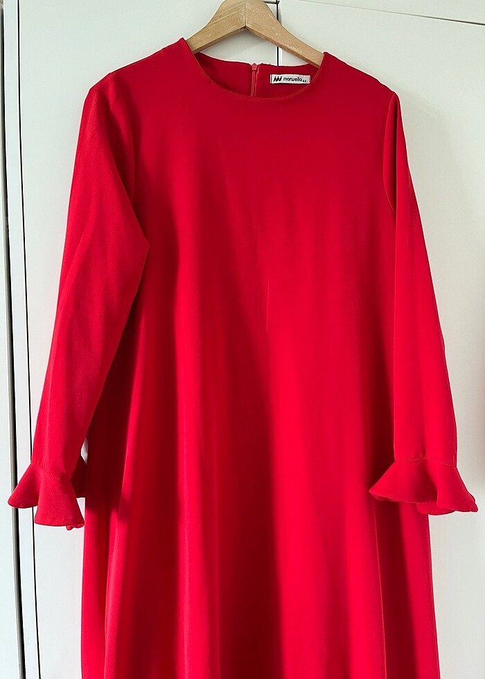 Kırmızı A Kesim Volanlı Elbise - Görsel 5