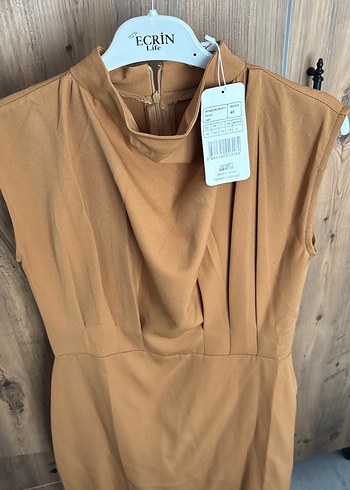 Bej Drapeli Midi Kadın Elbise - Görsel 12