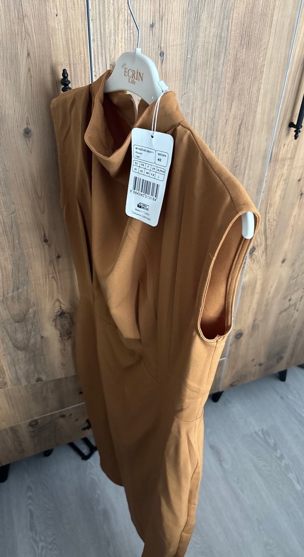 Bej Drapeli Midi Kadın Elbise - Görsel 4