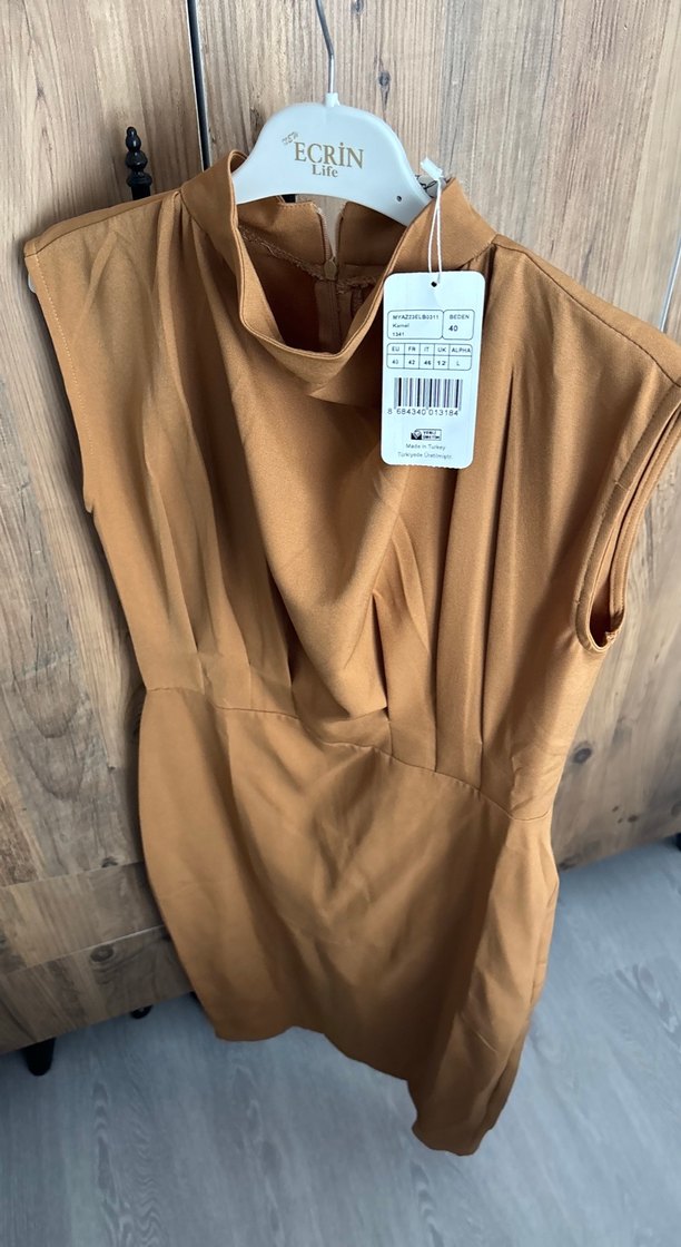 Bej Drapeli Midi Kadın Elbise - Görsel 2