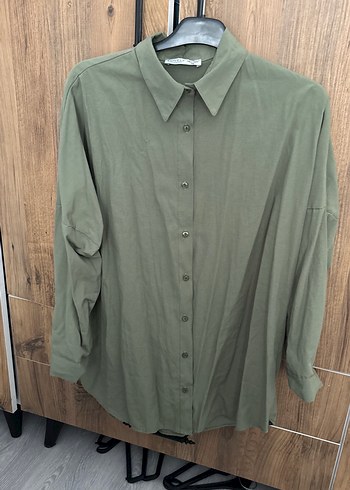 Kadın Haki Uzun Kollu Keten Gömlek - Görsel 2