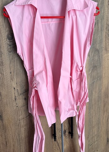Pembe Drapeli Kolsuz Mini Keten Bluz - Görsel 3
