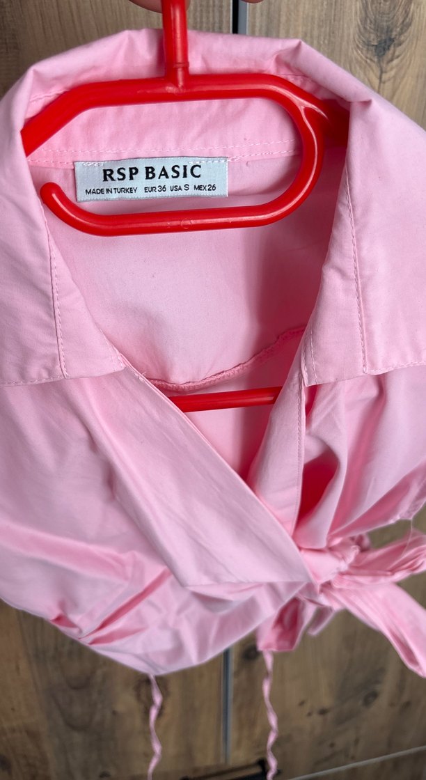 Pembe Drapeli Kolsuz Mini Keten Bluz - Görsel 5