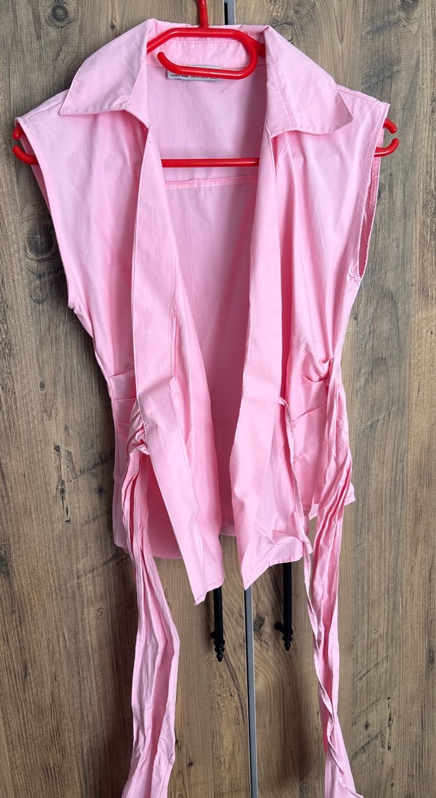 Pembe Drapeli Kolsuz Mini Keten Bluz - Görsel 3