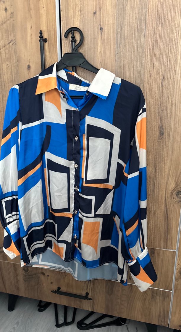 Kadın Lacivert Desenli Düğmeli Gömlek - Görsel 5