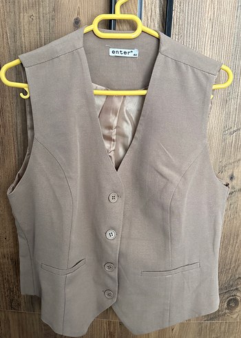 Bej Keten Düğmeli Kadın Yelek - Görsel 3