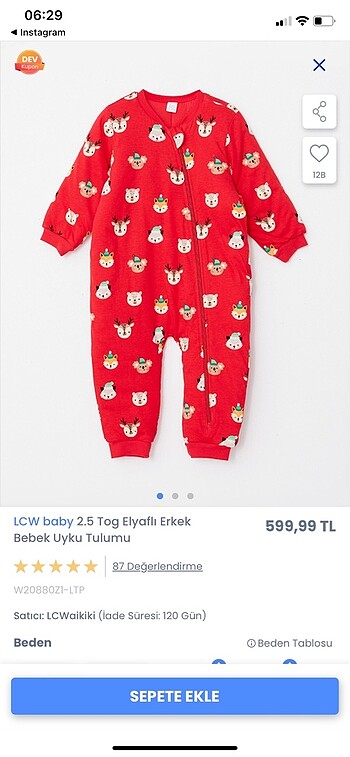 9-12 Ay Beden kırmızı Renk Lc Waikiki uyku tulumu