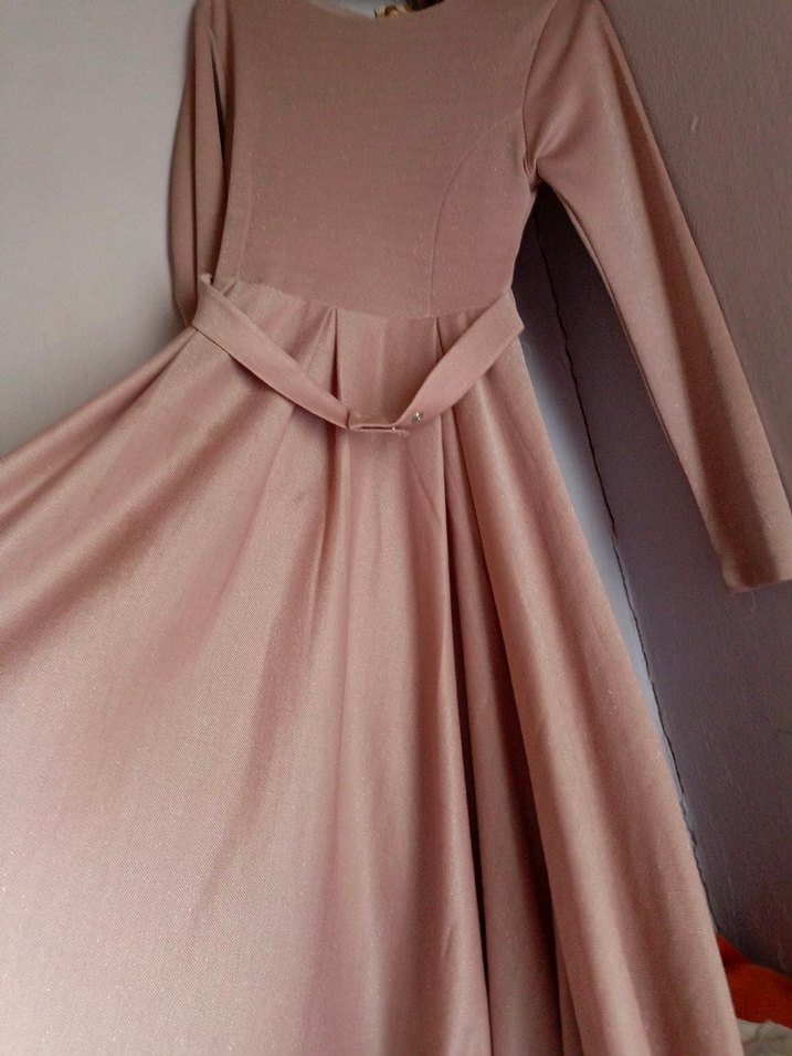 pembe Uzun Kollu Modern Klasik Elbise - Görsel 4