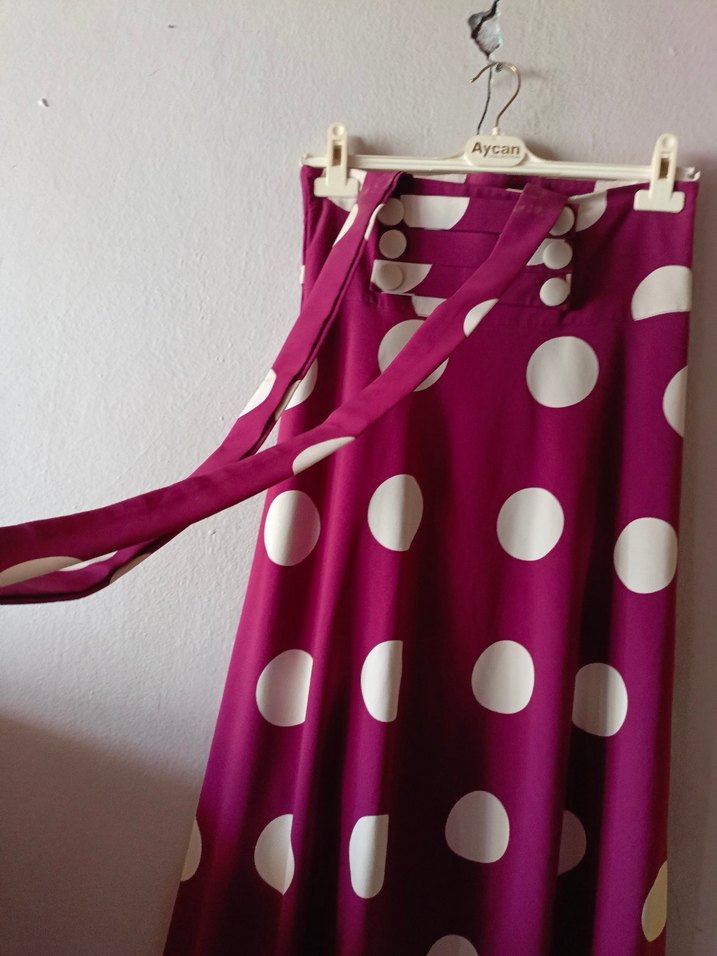 Drapeli Mor Puantiyeli Uzun salopet Etek - Görsel 3