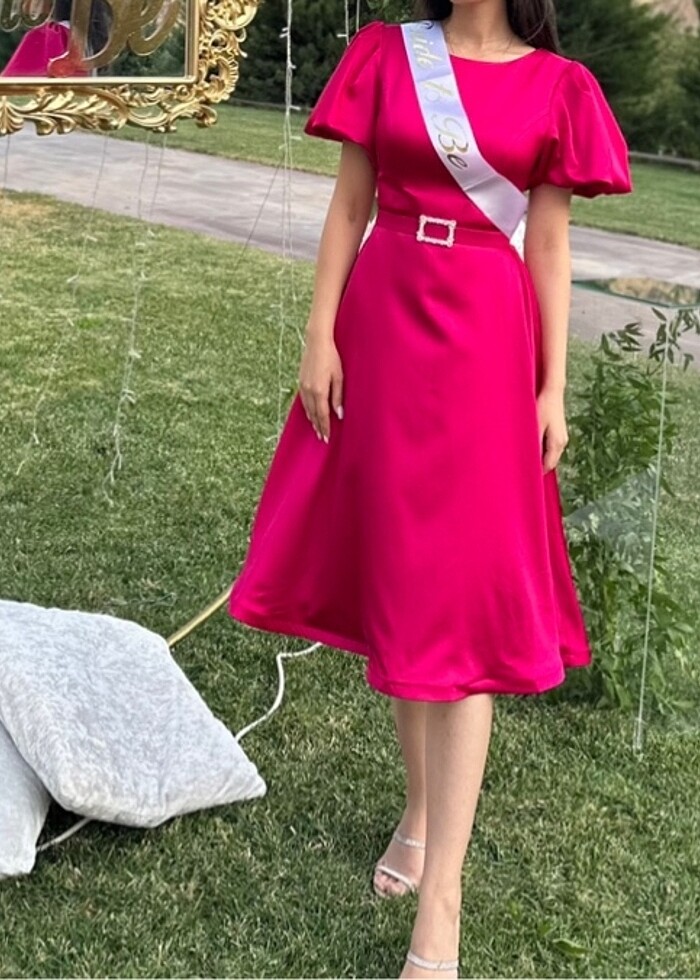 Fuşya balon kol a kesim elbise - Görsel 2