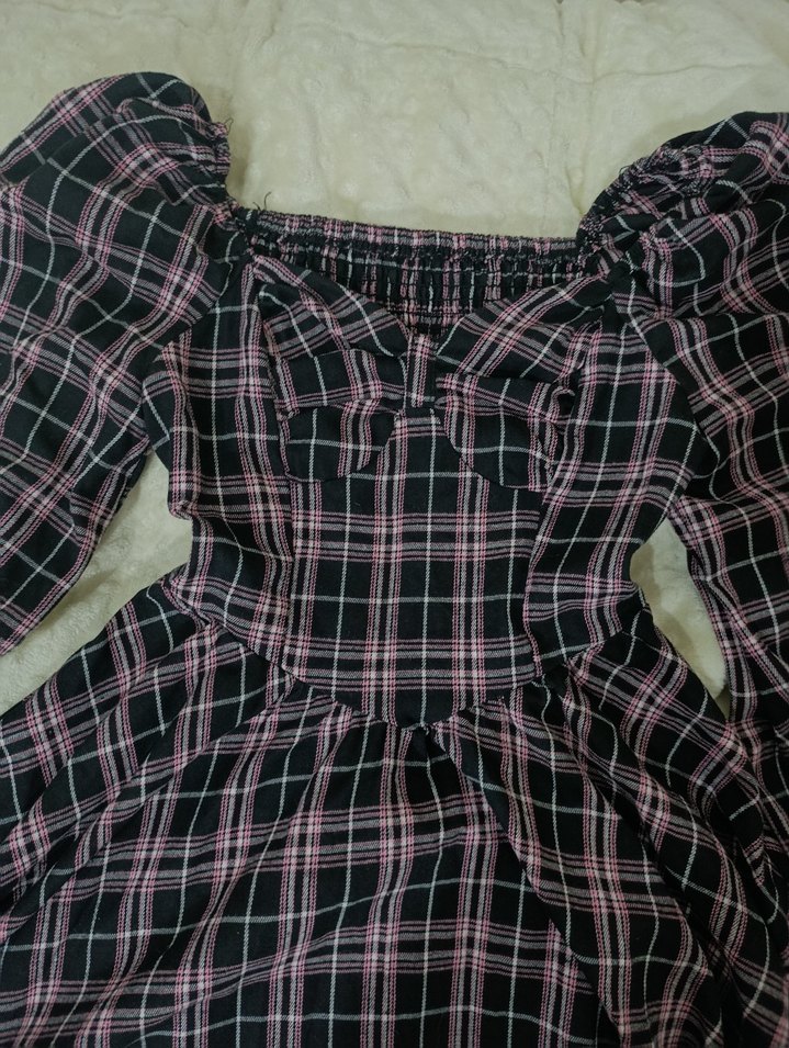 Shein Siyah-Pembe Kareli Gotik Elbise - Görsel 2