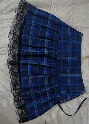 Köstebek Dantel Detaylı Lacivert Ekose Gotik Mini Etek - Görsel 2